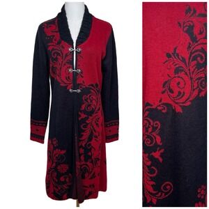 NorthStyle‎ Alpaca Longline Cardigan S Red Black Floral Scroll Clasp Romantic